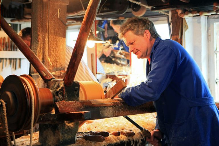 Live demonstration of wood turning in the open air museum in Seiffen